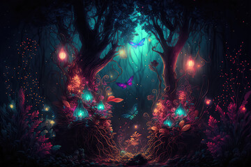 Obraz na płótnie Canvas Fairy forest at night, fantasy glowing flowers, butterfly and lights. (ai generated)