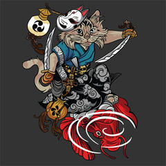 Vector Illustration of Cat Samurai