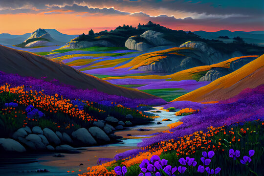 Beautiful meadow wildflowers painting, purple and orange flowers field on the hill and mountain painting, wallpaper background. 