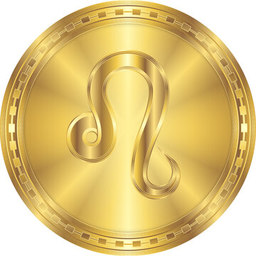 Leo Zodiac Symbol Glowing Metal Round Gold Coin Digital Currency Icon Isolated on White Background Vector Illustration for Horoscope, Astrology