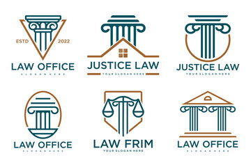 Law office logos set with scales of justice, gavel etc illustrations.