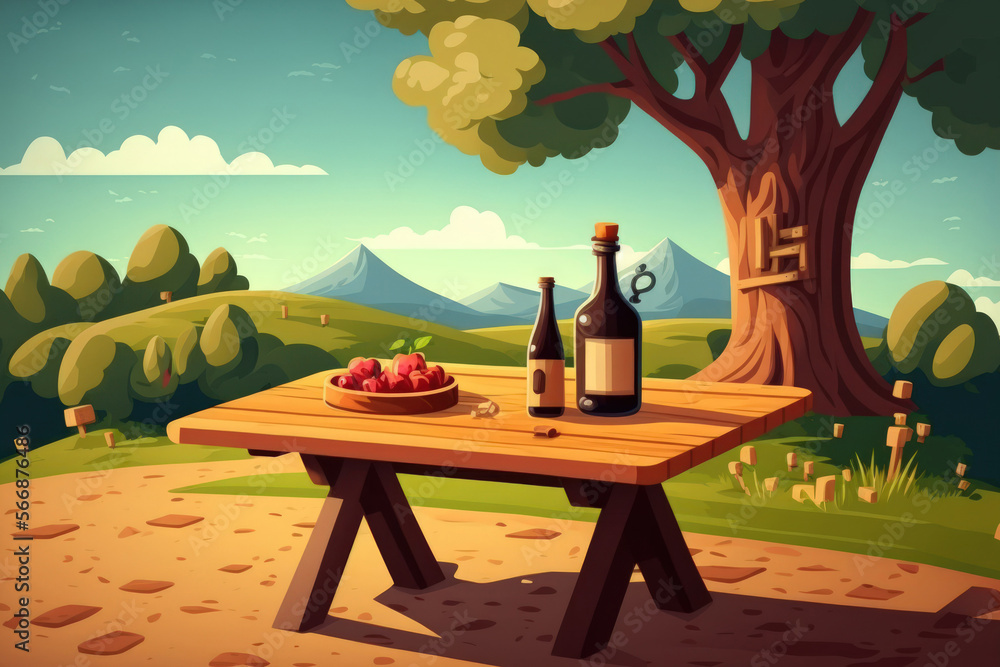 Poster a wooden table that is empty against a rural backdrop. concept of a picnic and product display. gene