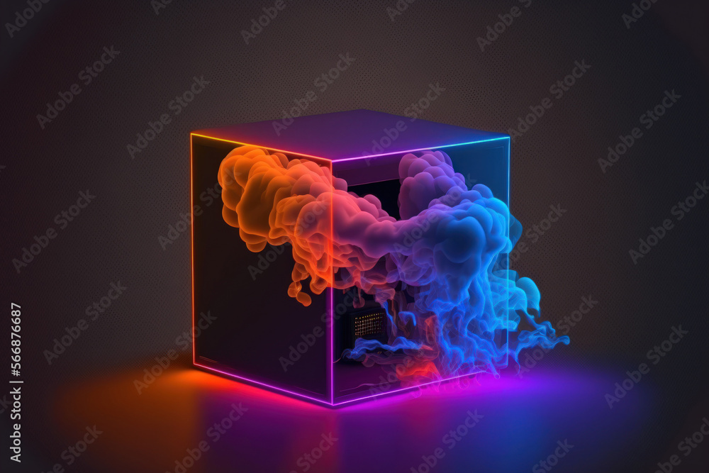 Poster a colored neon glowing box with a partially turned view stands in the shadows. a pedestal with an em