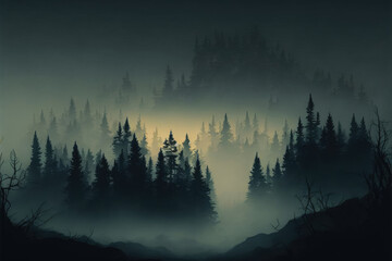 Fog in the mountains, pine forest background. Generative AI.