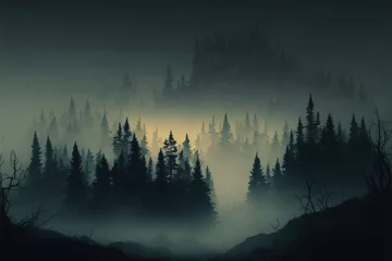 Peel and stick wall murals Forest in fog Fog in the mountains, pine forest background. Generative AI.