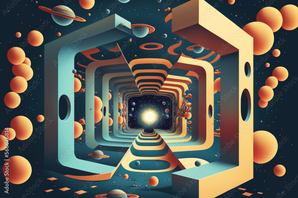 Poster a representation of the cosmic portal's entrance in the form of multiple quantum planes, densities, 