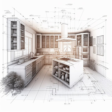 Detailed drawings of plans for a kitchen, generative ai