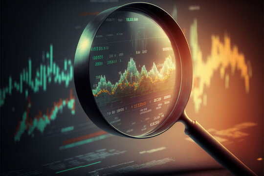 Magnifying glass search of investing and stock market over a graph chart background. Generative Ai