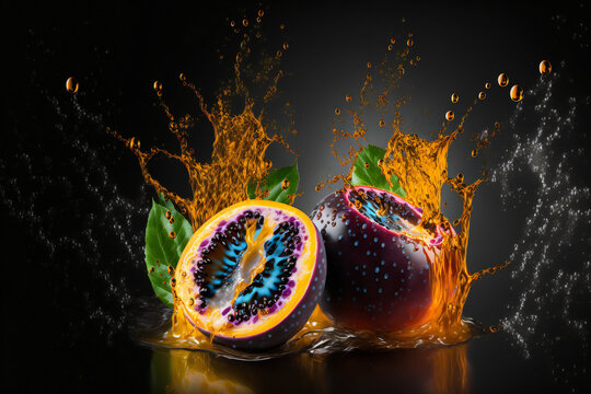 Passion fruits splash isolated on black background