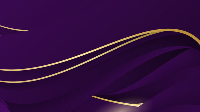 Abstract purple metal background with golden light lines curved wavy with copy space for text. Luxury style template design.