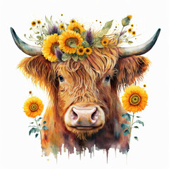 Image of Highland Cow Face with Many Various Sunflowers -Generative AI printed on Printed Glass Splashbacks