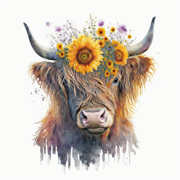 Many Various Sunflowers, Highland Cow Face -Generative AI
