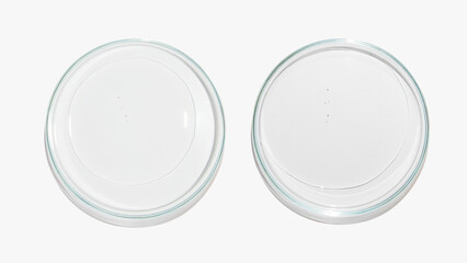 Petri dishes with clear liquid, gel, fluid texture. On a light background. Laboratory, research, cosmetology.