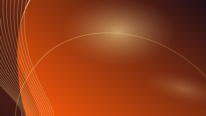 Orange background with ribbon gold lines curved wavy with light effect. Luxury style template design.