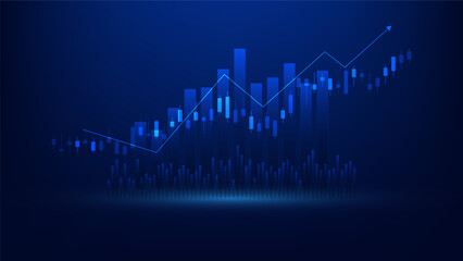 Financial business statistics with bar graph and candlestick chart show stock market price and effective earning on blue background