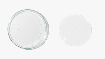Petri dish with transparent color gel on a light background. Glassware. Liquid. Study.