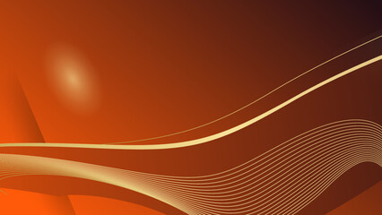 Orange background with ribbon gold lines curved wavy with light effect. Luxury style template design.