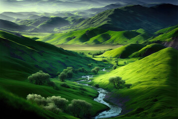 Summer landscape with green valley and river. Generative AI - obrazy, fototapety, plakaty