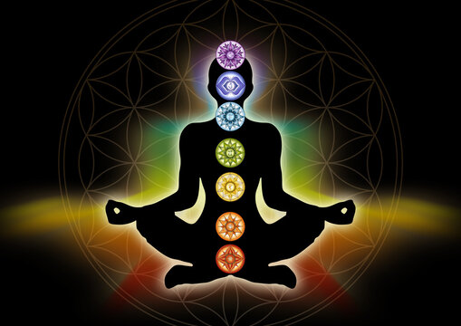 7 Chakra symbols and Flower of Life. Human energy body, aura, yoga lotus pose. Powerful decor for meditation and chakra energy healing.