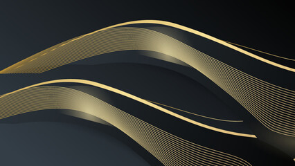 Golden wave on black background , luxury modern concept. Vector Abstract shiny color gold wave design element with glitter effect on dark background.