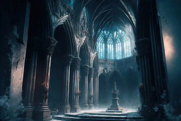Gothic cathedral interior Generative AI - obrazy, fototapety, plakaty