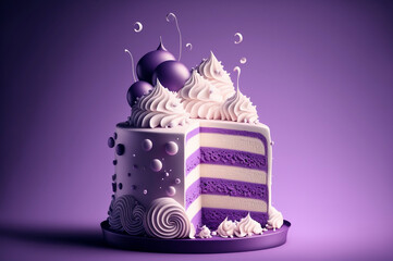 Delicious purple cake with white icing and solid background isolated. Generative AI.