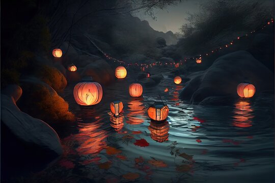 Japanese Lanterns Floating On The River Bed Generative AI