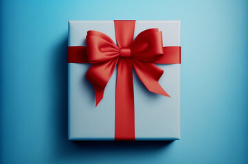 White gift box red bow blue background isolated package. Generative AI.