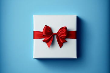 White gift box isolated from background red box blue background. Generative AI.