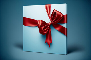 White blue gift box present with red bow and isolated from background. Generative AI.