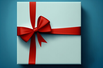 Green blue gift box with red bow ribbon and blue background. Generative AI.