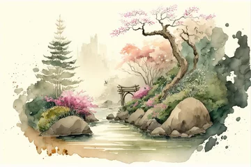 Rolgordijnen Chinese ink landscape painting created digitally Generative AI © EnelEva