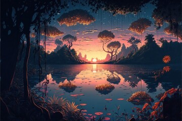 Intricate pointillism style, volumetric lighting and raking light, water and wallpaper. Perfect for creating a peaceful atmosphere in any room with this beautiful anime sunset scenery art