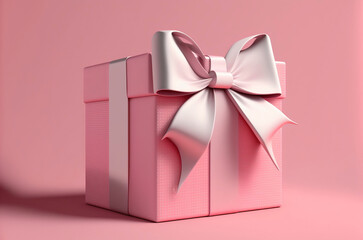 Pink gift box with white silky bow isolated. Generative AI.