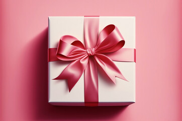 Birthday gift box pink bow white isolated. Generative AI.