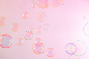 Beautiful Pink Soap Bubbles Abstract Background. Defocus, Blurred Celebration, Romantic Love ValentinesTheme. Circles Bubbles. Freshness Soap Sud Bubbles Water