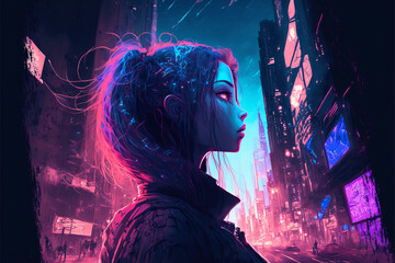 Cyberpunk person futuristic neon glowing city background