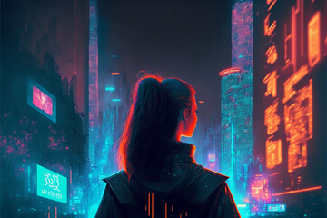 Cyberpunk person futuristic neon glowing city background