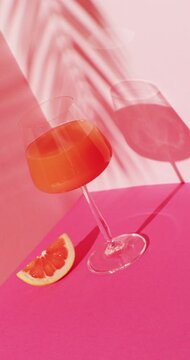 Vertical video of close up of drink with grapefruit on pink background, with copy space