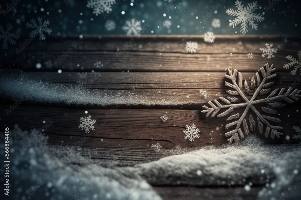 Poster winter background dark wooden rustic background covered with snow. abstract snowy christmas backgrou