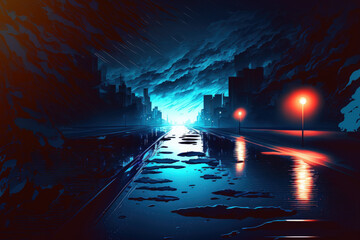 Wet asphalt, a dark street, and sunray reflections in the water. Smoke and pollution, with a dark blue abstract background. Neon lights, spotlights, and a pitch black environment. Cement flooring
