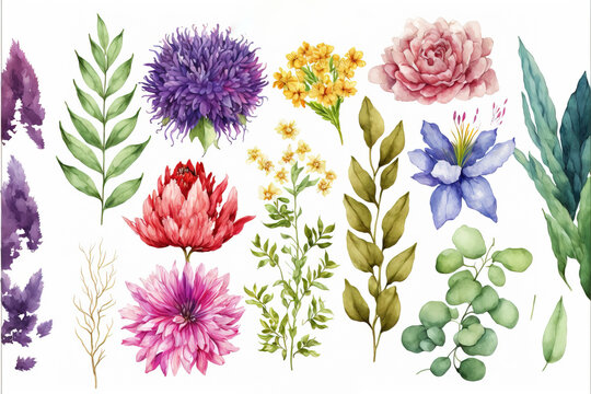 Watercolour floral illustration set. flowers. For bouquets, wreaths, wedding invitations, anniversary, birthday, prints. Generative AI