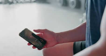 Fitness, mobile app and phone in hands for workout goals, check health and data monitor of heart or exercise progress. Smartphone screen, application and athlete or sports user with ux animation