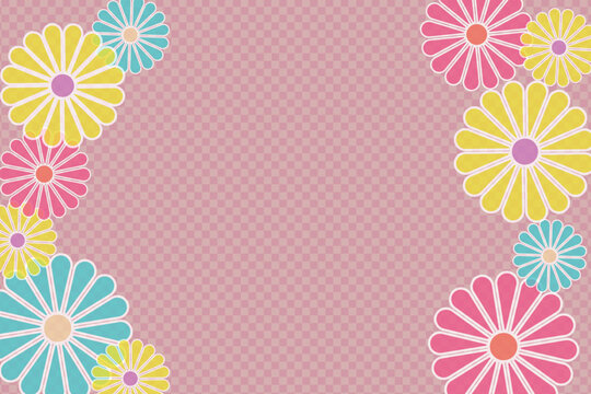 Checkered pink background with colorful flowers on both sides and copy space, vector illustration.
