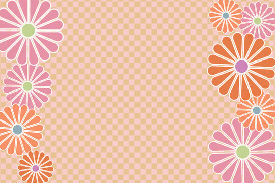Checkered beige background with flowers frame on both sides and copy space, vector illustration.