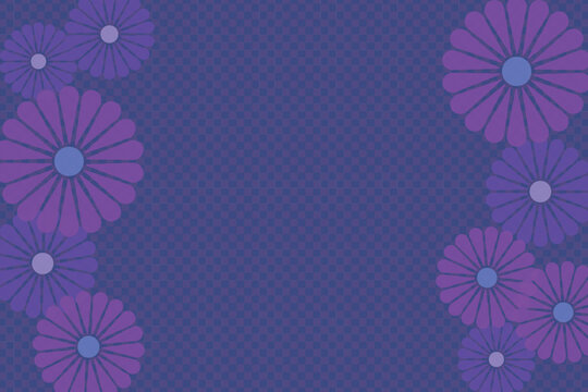 Blue checkered background with purple flowers frame on both sides with copy space