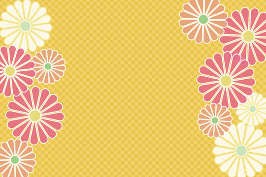 Checkered gold background with traditional Japanese flowers frame on both sides and copy space