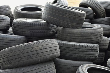 Waste tires in a pile ready for recycling.