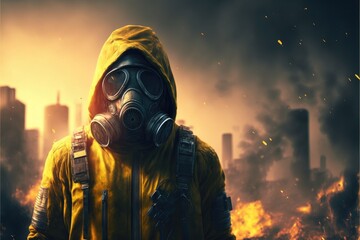 man in a protective yellow suit and gas mask front of a burning destroyed city nuke war - obrazy, fototapety, plakaty