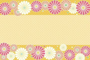 Gold checkered background with colorful flowers frame and copy space, vector illustration.